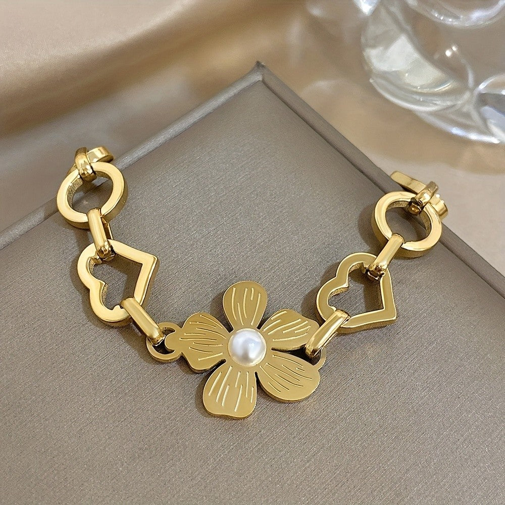 Floral Pearl Heart Link Bracelet