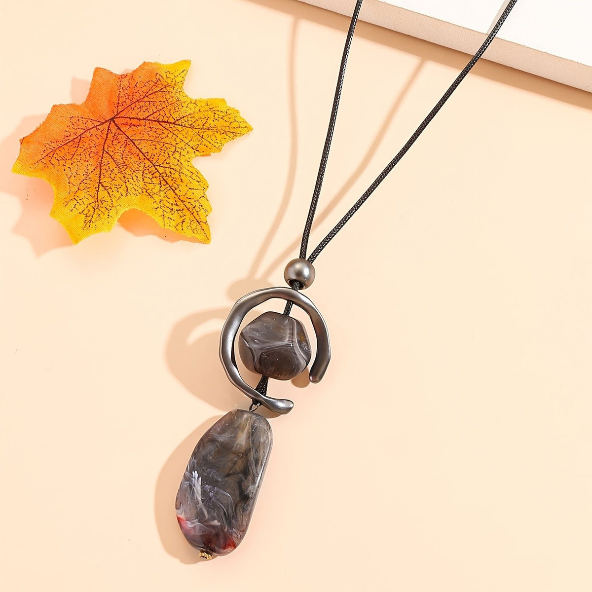 Gunmetal Geometric Resin Pendant Necklace