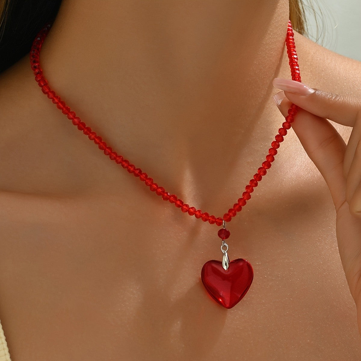 Red Glass Heart Beaded Necklace