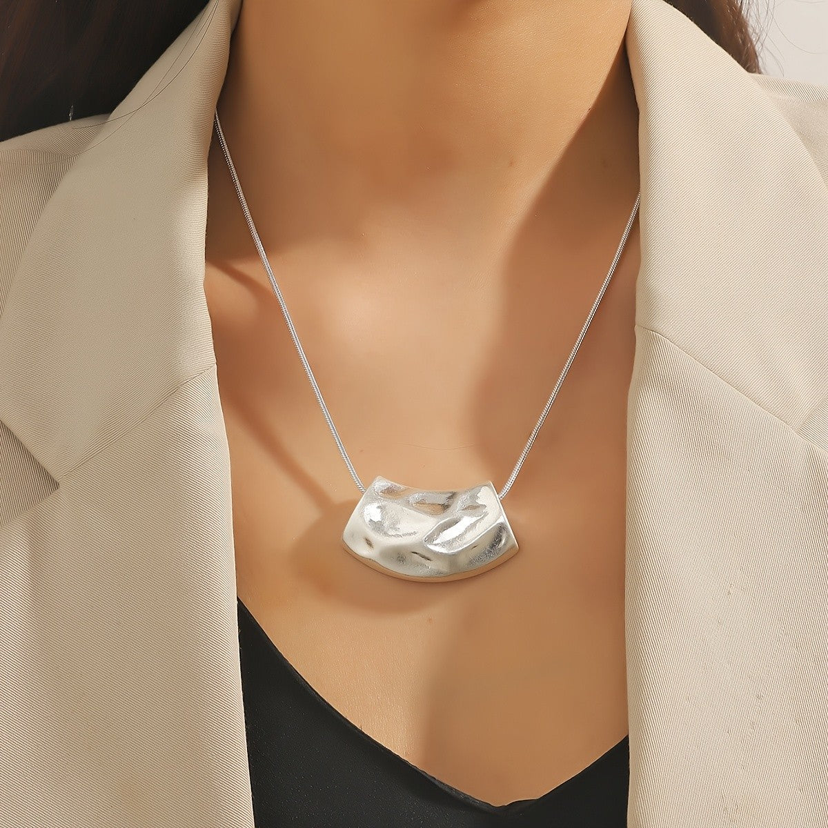 Textured Silver-Tone Arch Pendant Necklace