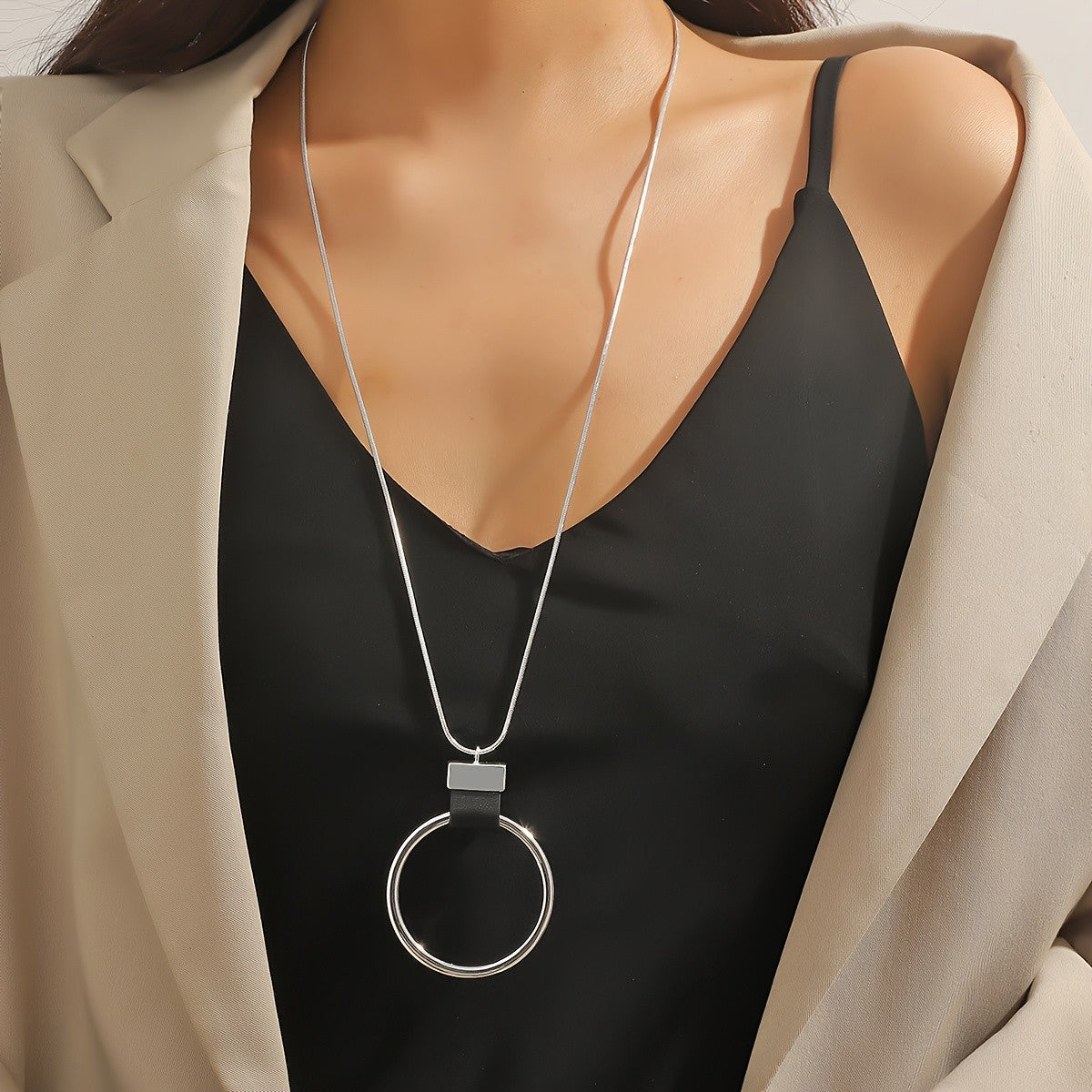 Open Circle Pendant Long Necklace