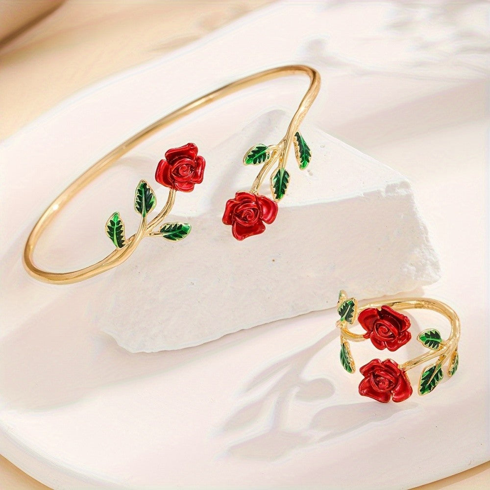 Red Rose Flower Bracelet & Ring Set