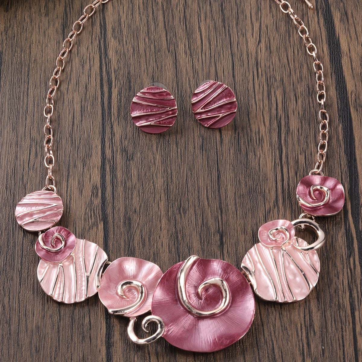 Pink Swirl Disc Necklace & Earring Set