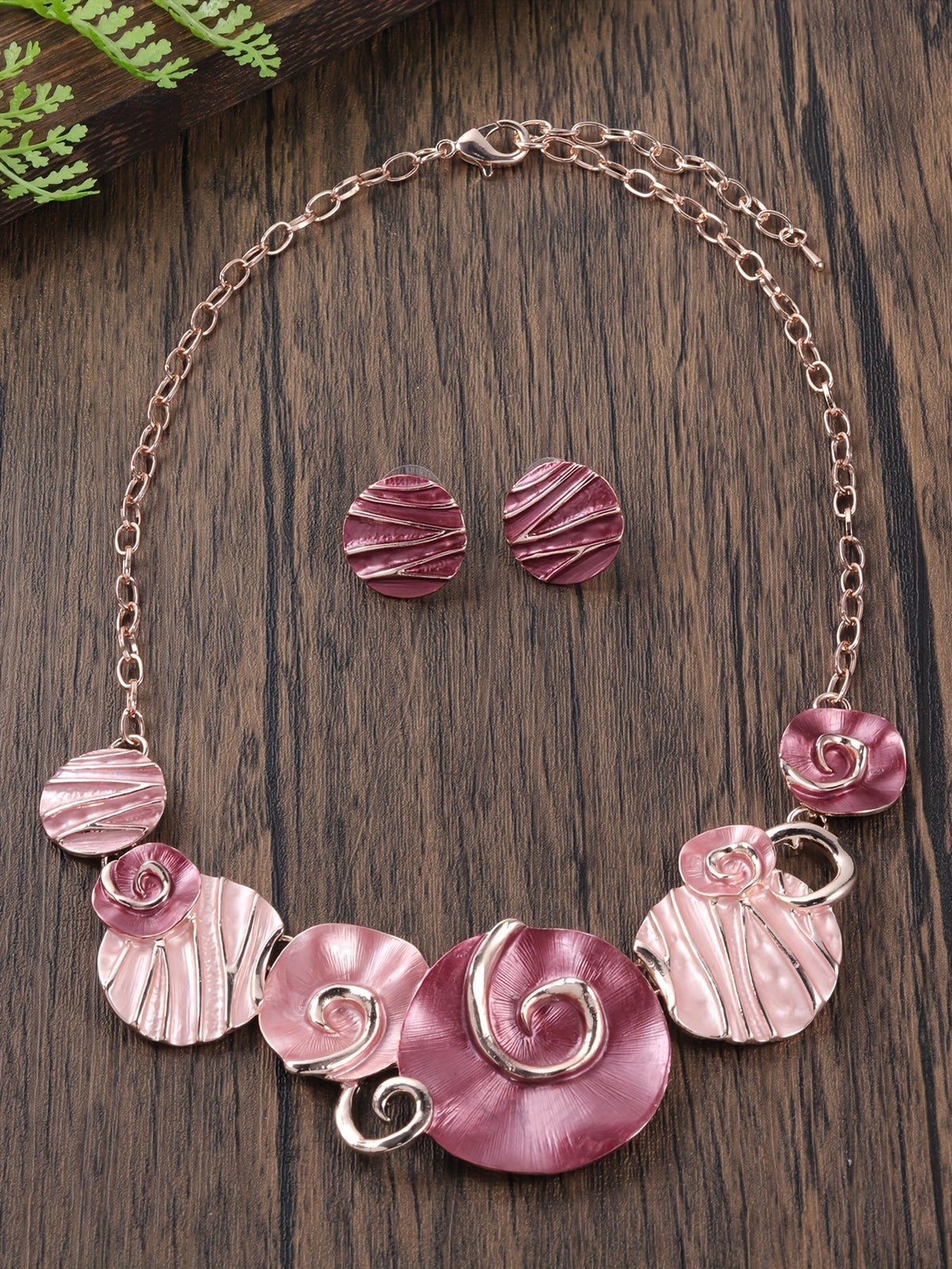 Pink Swirl Disc Necklace & Earring Set