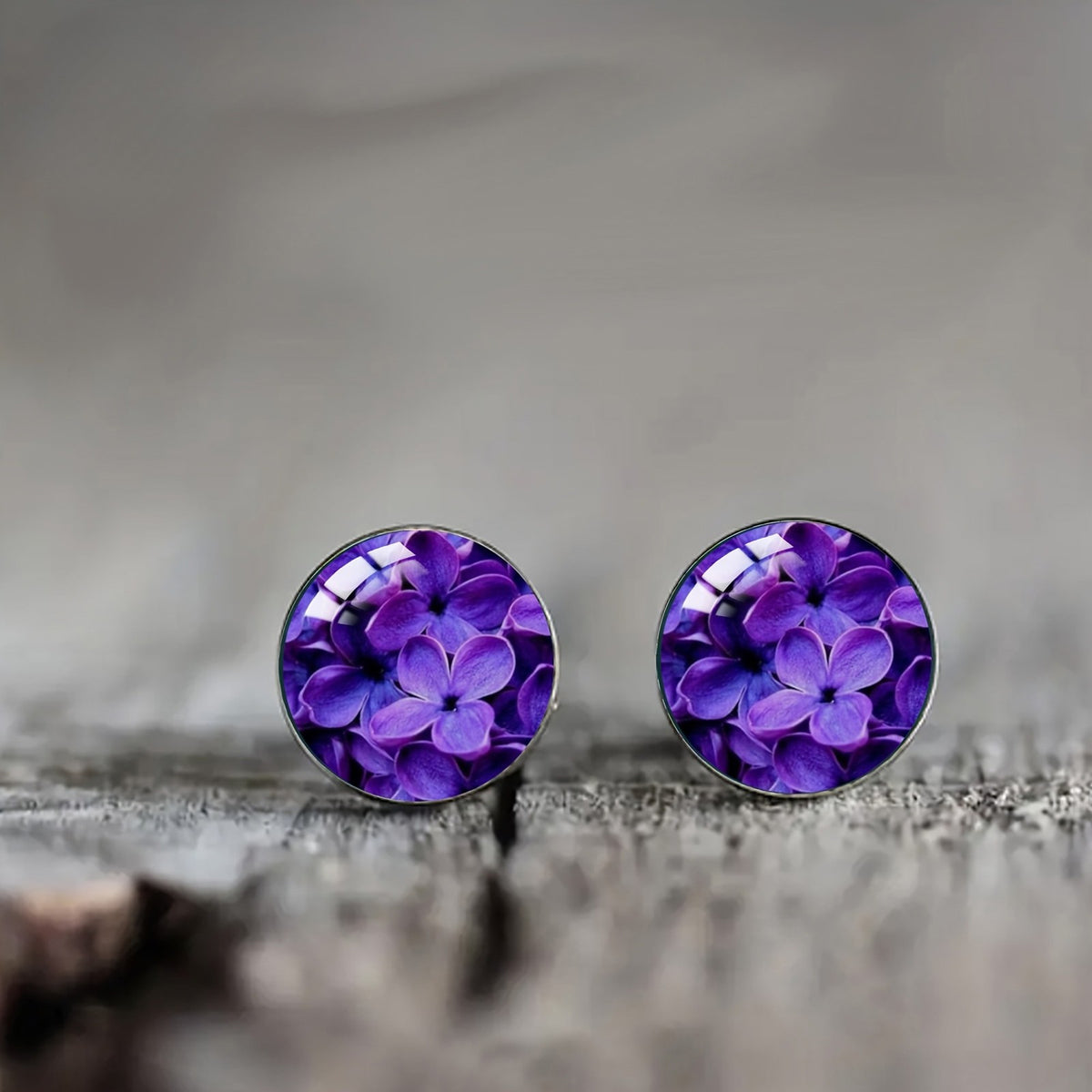 Purple Hydrangea Glass Dome Stud Earrings