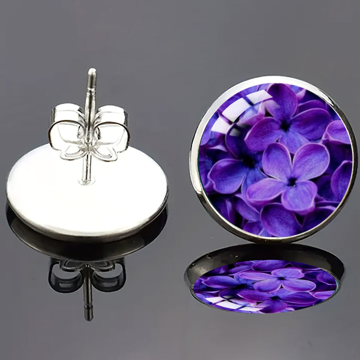 Purple Hydrangea Glass Dome Stud Earrings