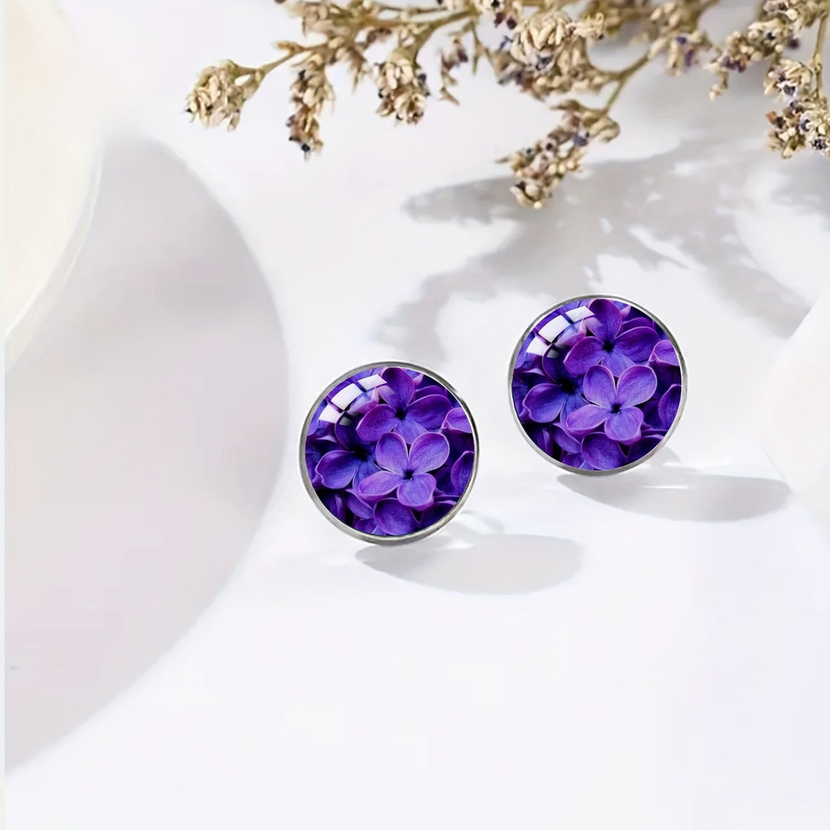 Purple Hydrangea Glass Dome Stud Earrings