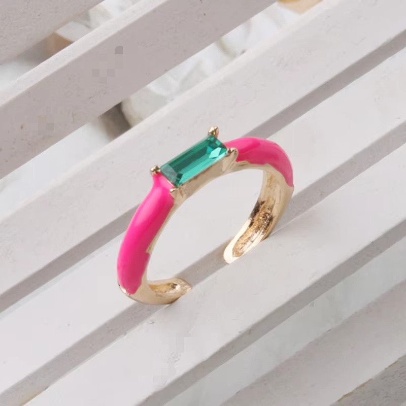 Enamel Baguette Stone Adjustable Ring