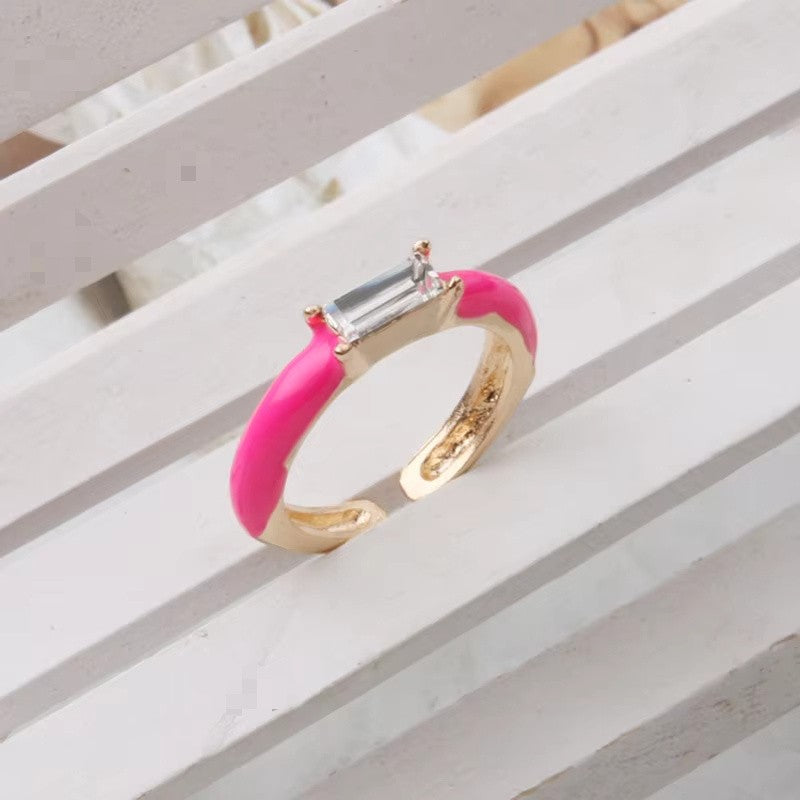Enamel Baguette Stone Adjustable Ring