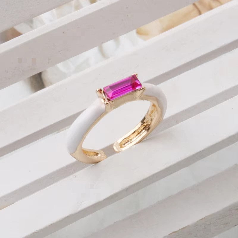Enamel Baguette Stone Adjustable Ring