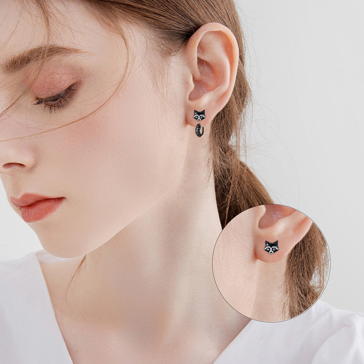 Black Raccoon Face Stud Earrings