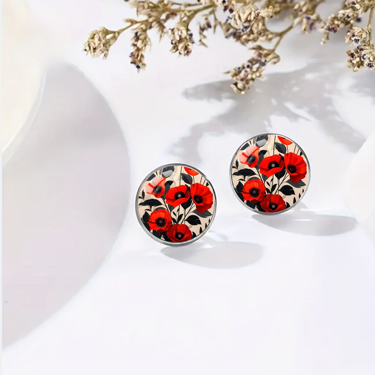 Red Poppy Floral Stud Earrings