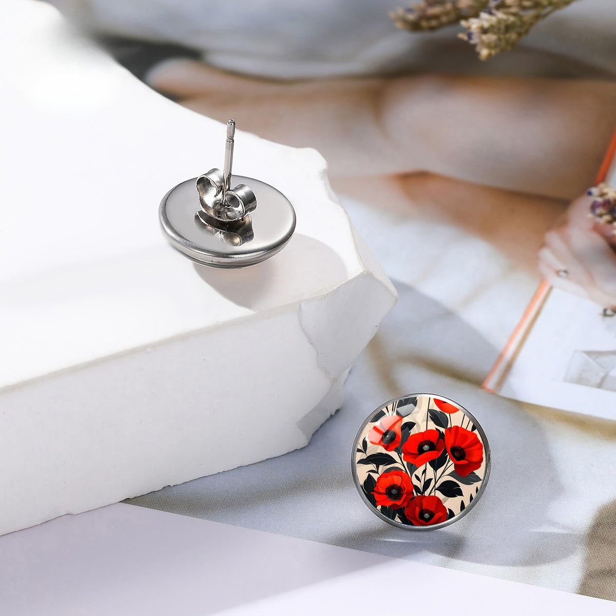 Red Poppy Floral Stud Earrings
