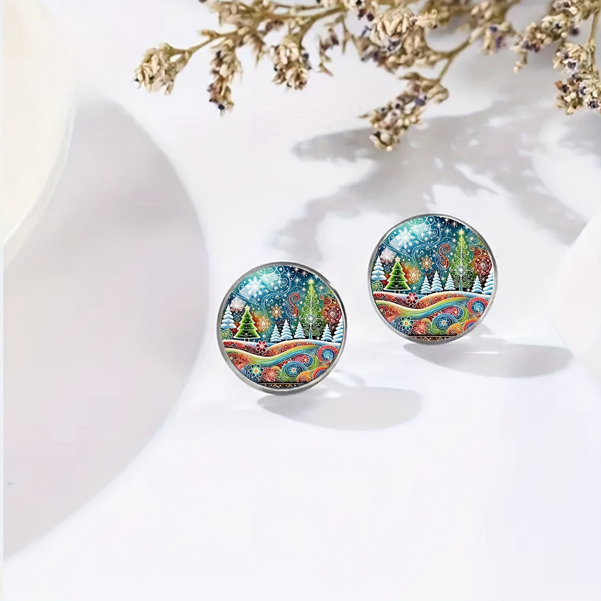 Colorful Winter Forest Stud Earrings
