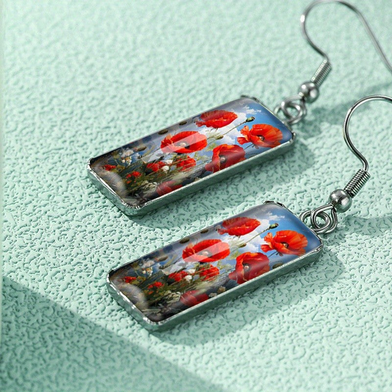 Rectangular Poppy Field Glass Earrings
