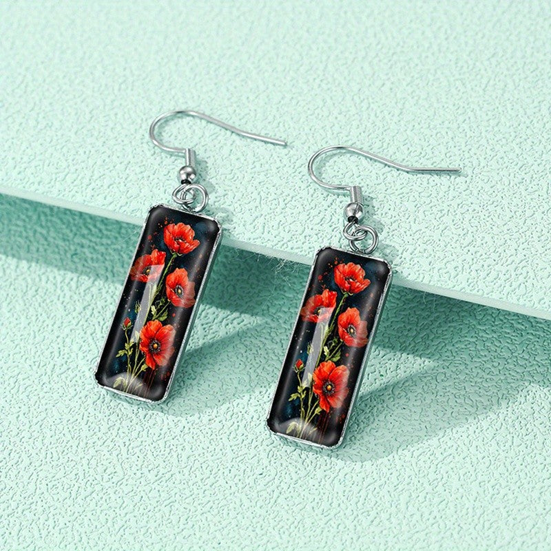 Rectangular Poppy Field Glass Earrings