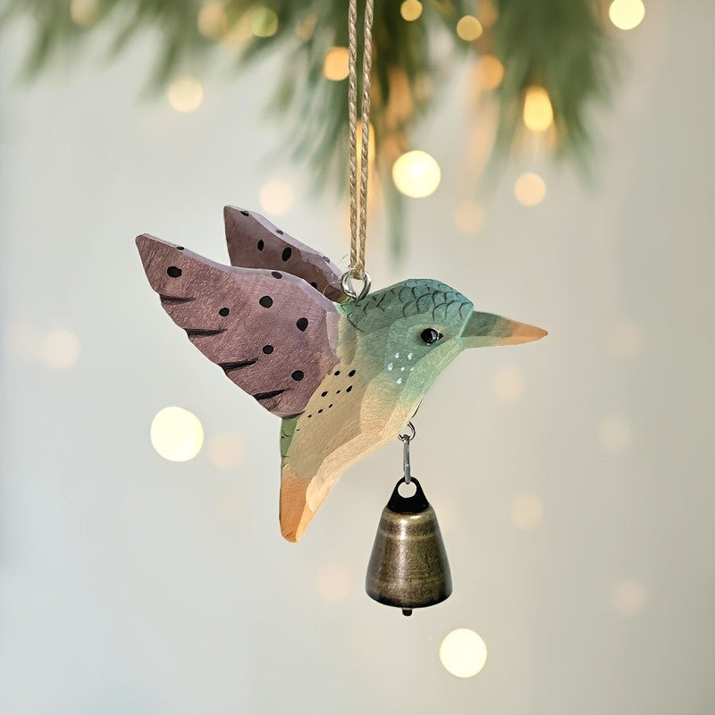 Painted Wood Hummingbird Bell Ornament