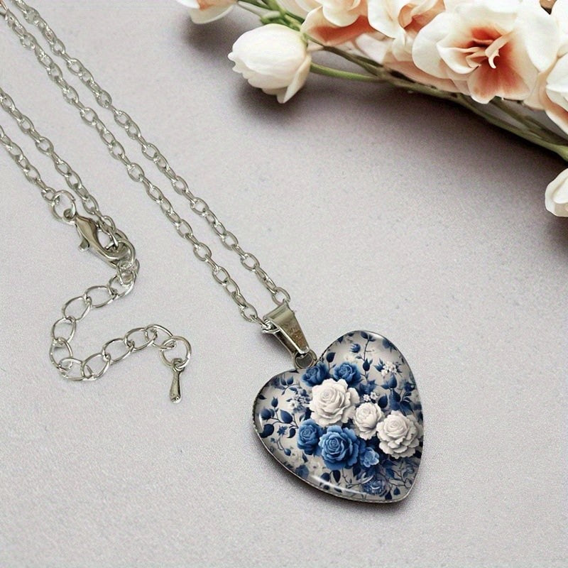 Blue & White Floral Heart Necklace