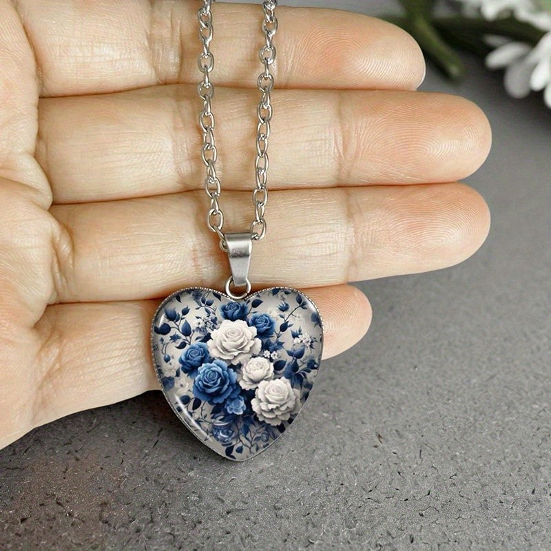 Blue & White Floral Heart Necklace