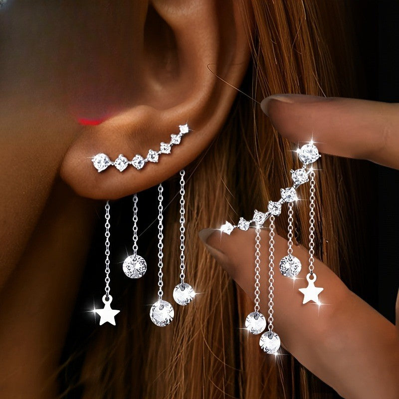 Crystal Star Curve Tassel Earrings