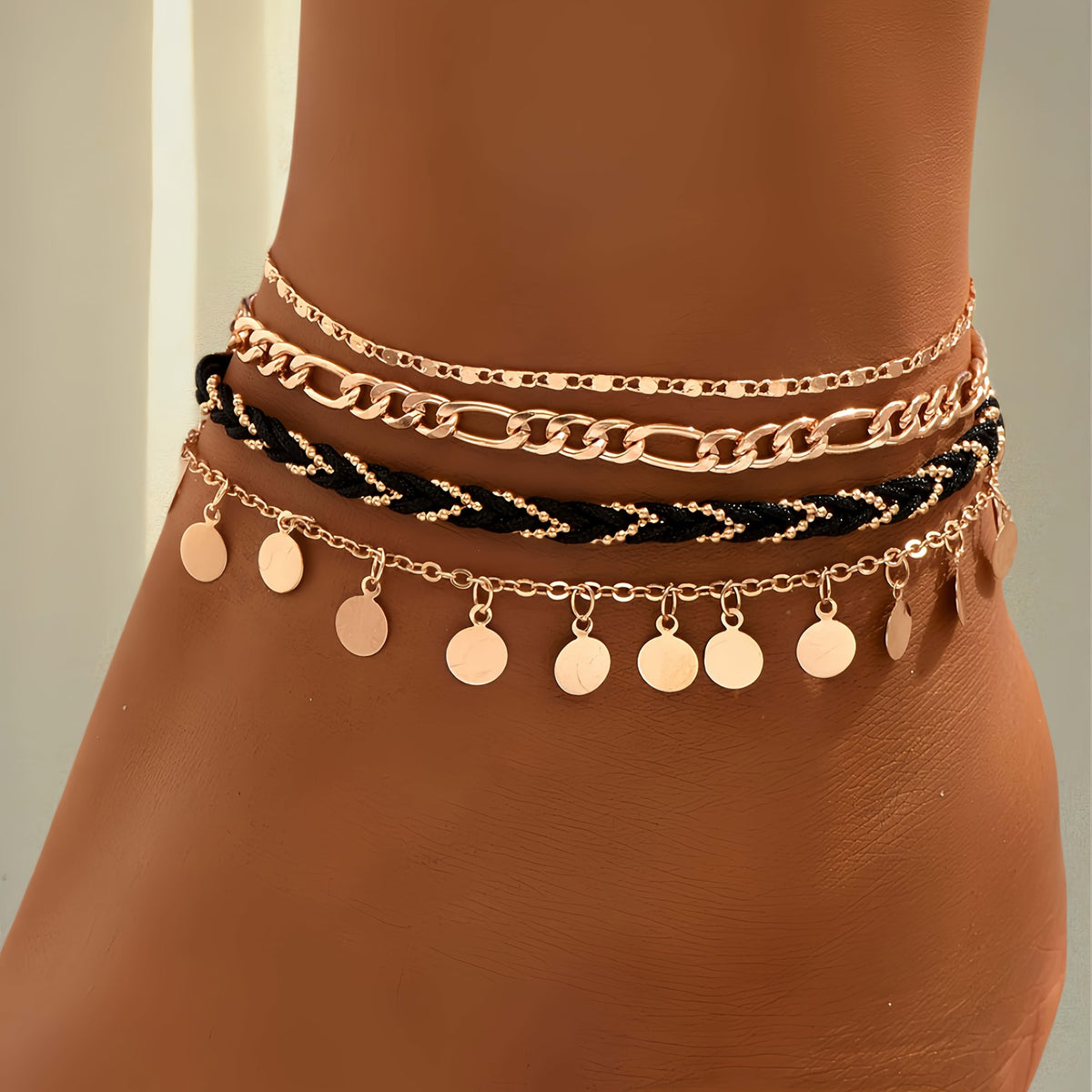 Layered Coin & Chain Anklet Set