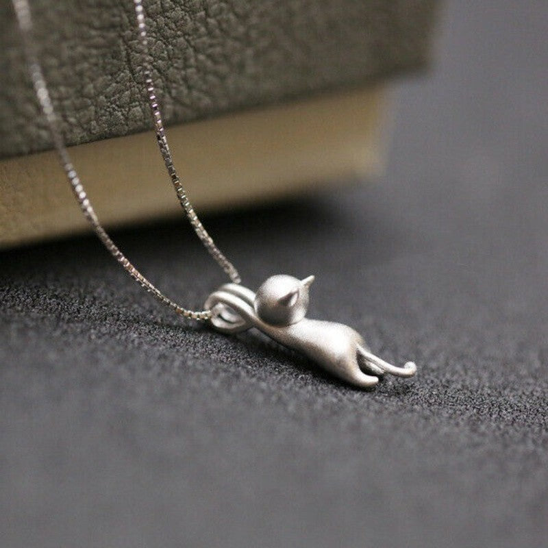 Stretching Cat Pendant Necklace