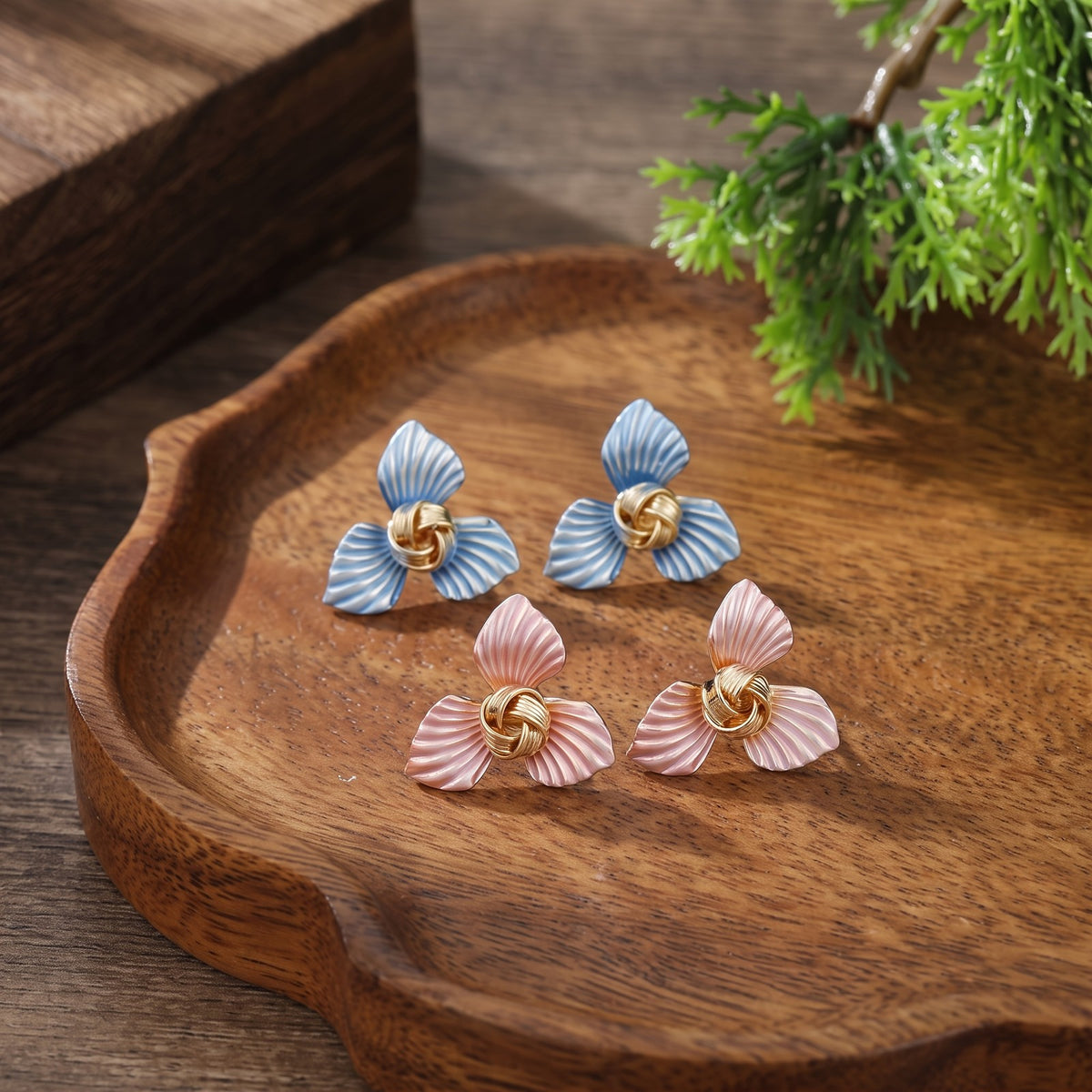 Blue Enamel Petal Knot Earrings