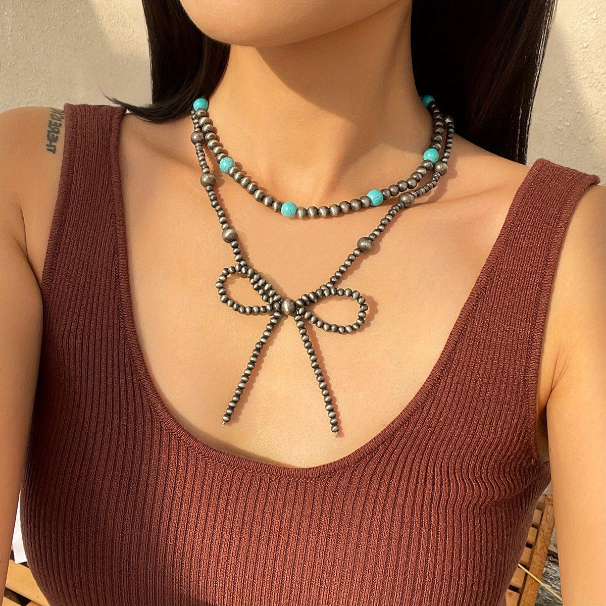 Turquoise & Silver Bead Bow Bracelet Set