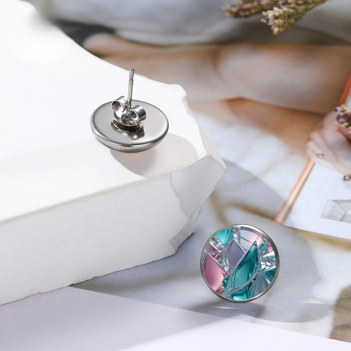 Pink & Blue Glass Stud Earrings