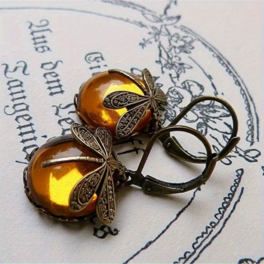 Amber Dragonfly Dangle Earrings