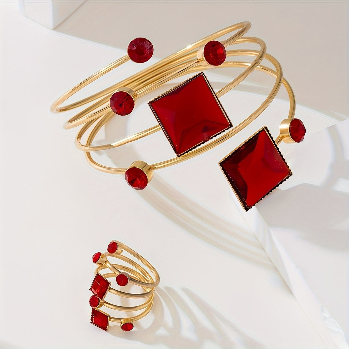 Red Square Gem Bracelet & Ring Set