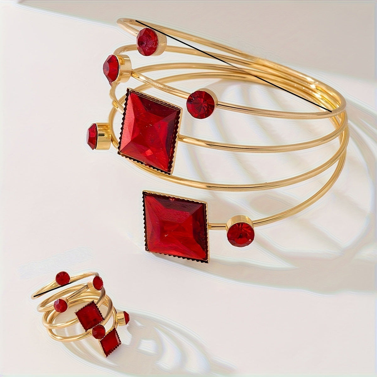Red Square Gem Bracelet & Ring Set