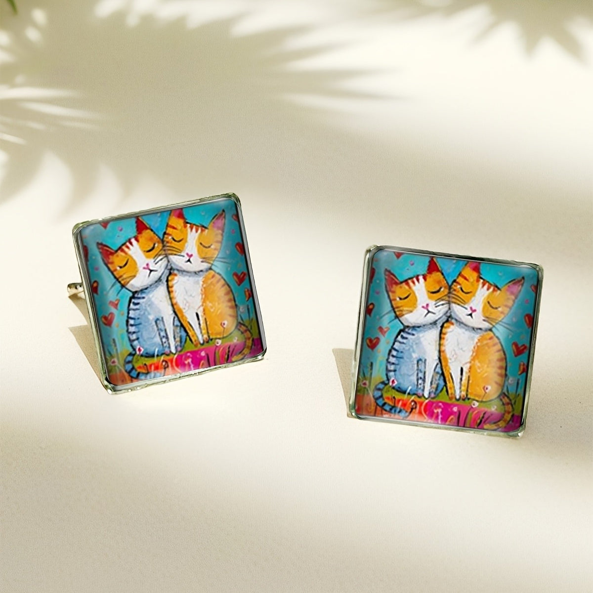 Square Cat & Heart Earrings