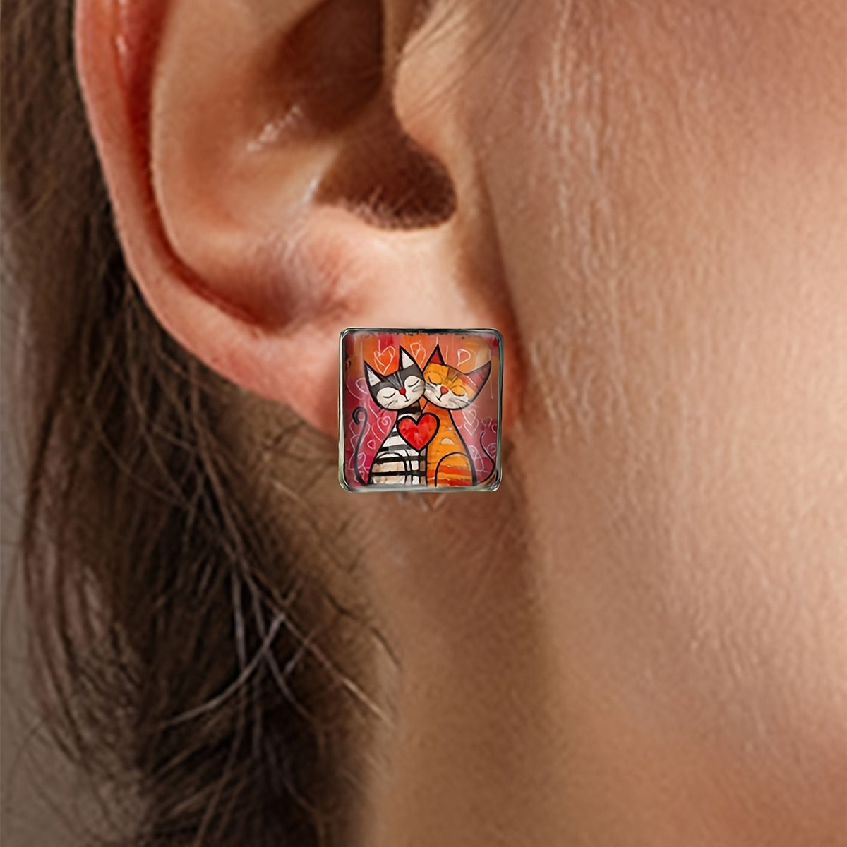 Square Cat & Heart Earrings