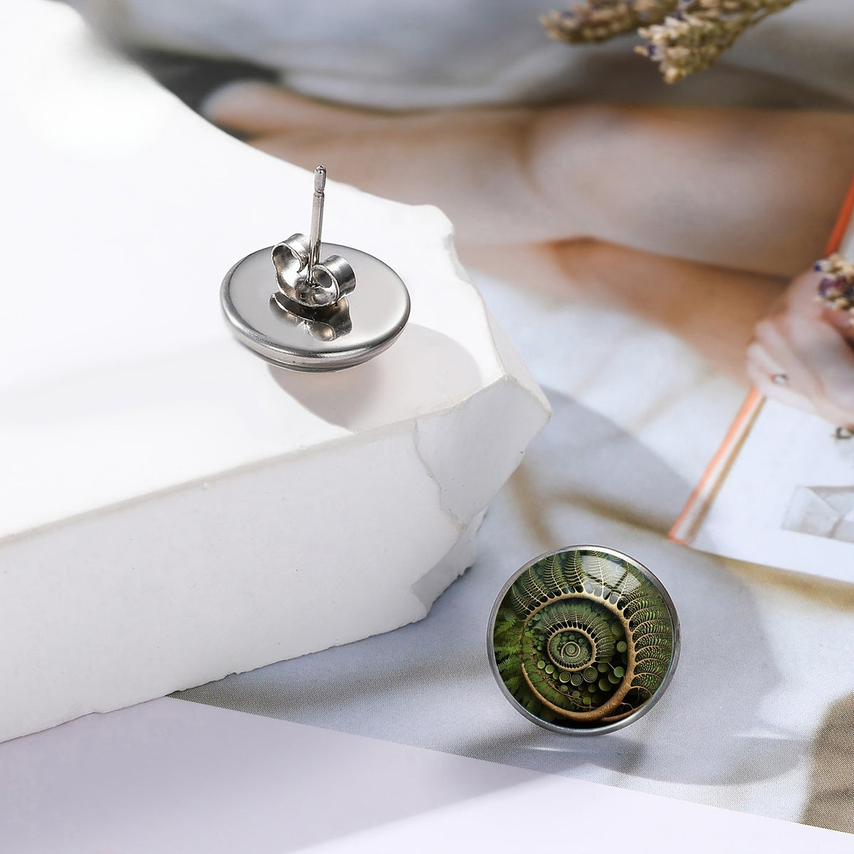 Green Spiral Leaf Stud Earrings