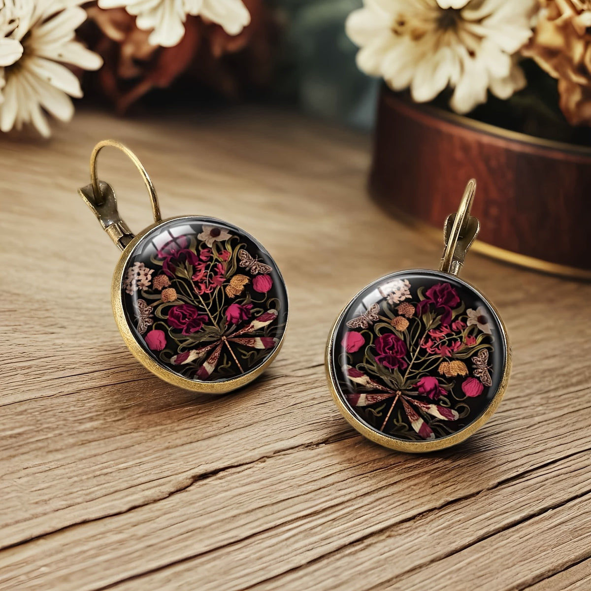 Floral Dragonfly Glass Dome Earrings