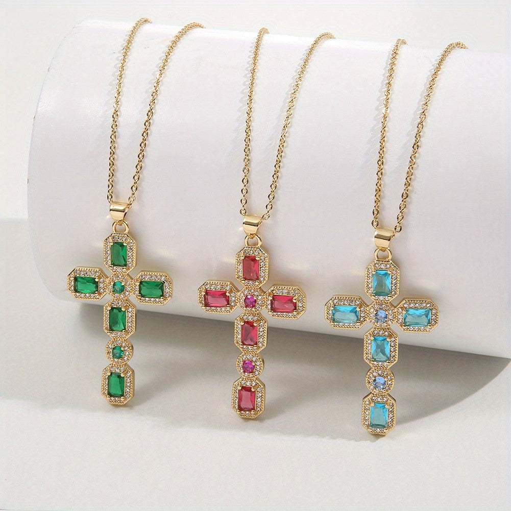 Rectangular Gemstone Cross Necklace