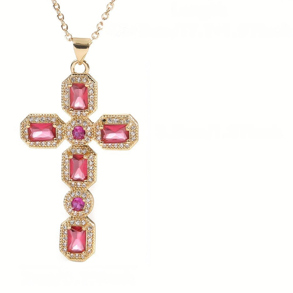 Rectangular Gemstone Cross Necklace