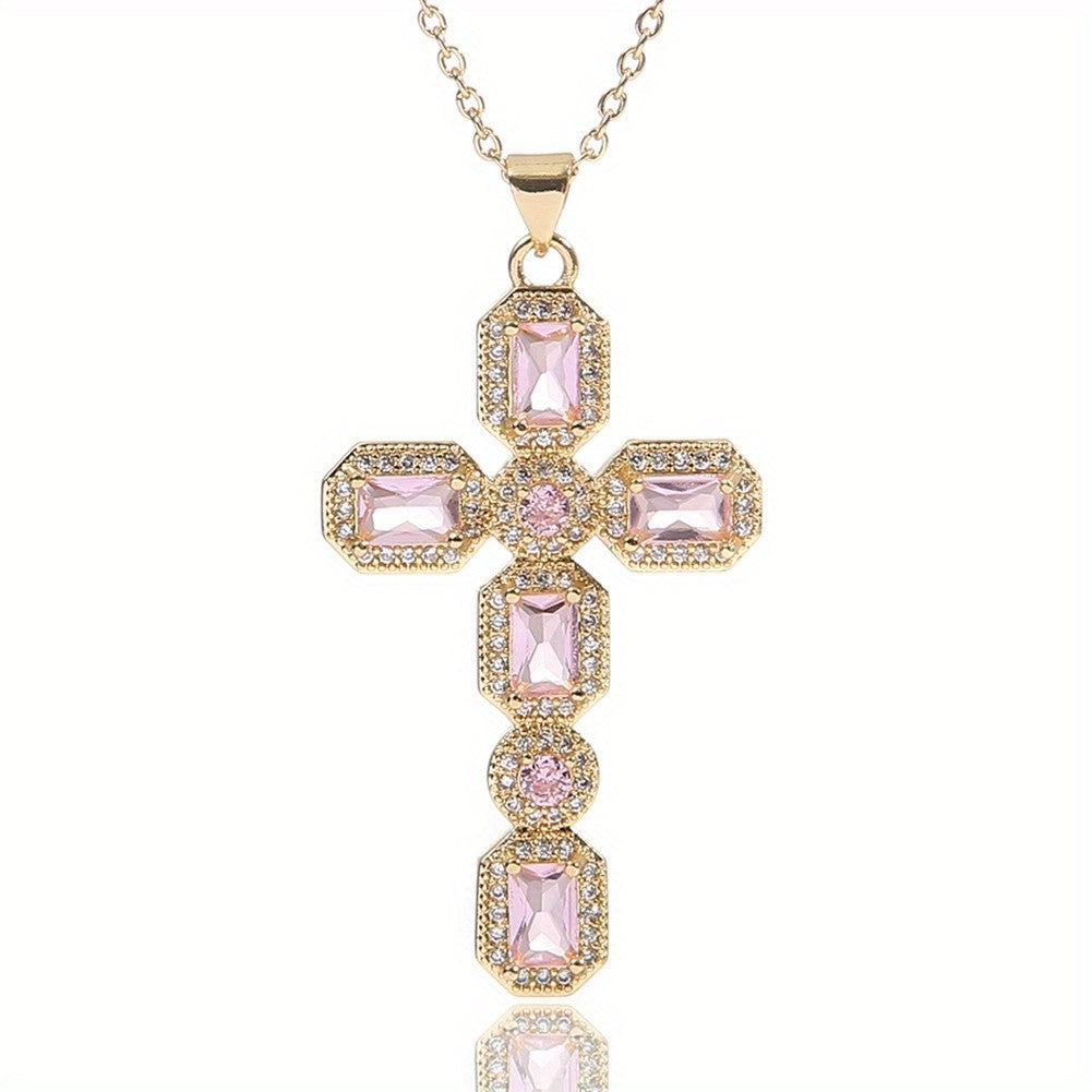 Rectangular Gemstone Cross Necklace