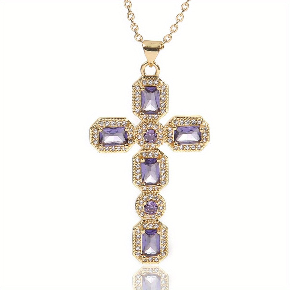 Rectangular Gemstone Cross Necklace