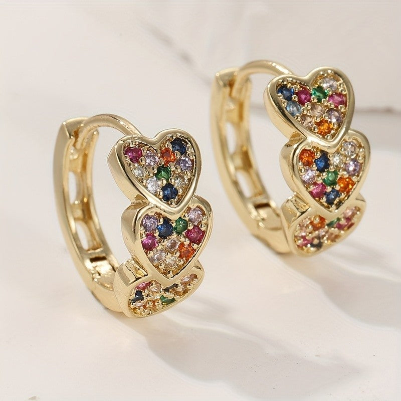 Multicolor Crystal Triple Heart Hoop Earrings
