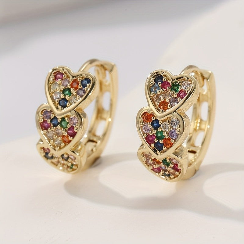 Multicolor Crystal Triple Heart Hoop Earrings