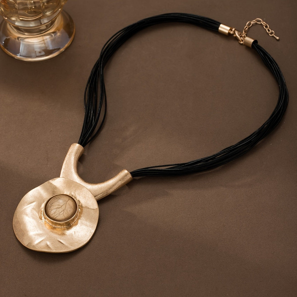 Leaf Inset Hammered Disc Necklace