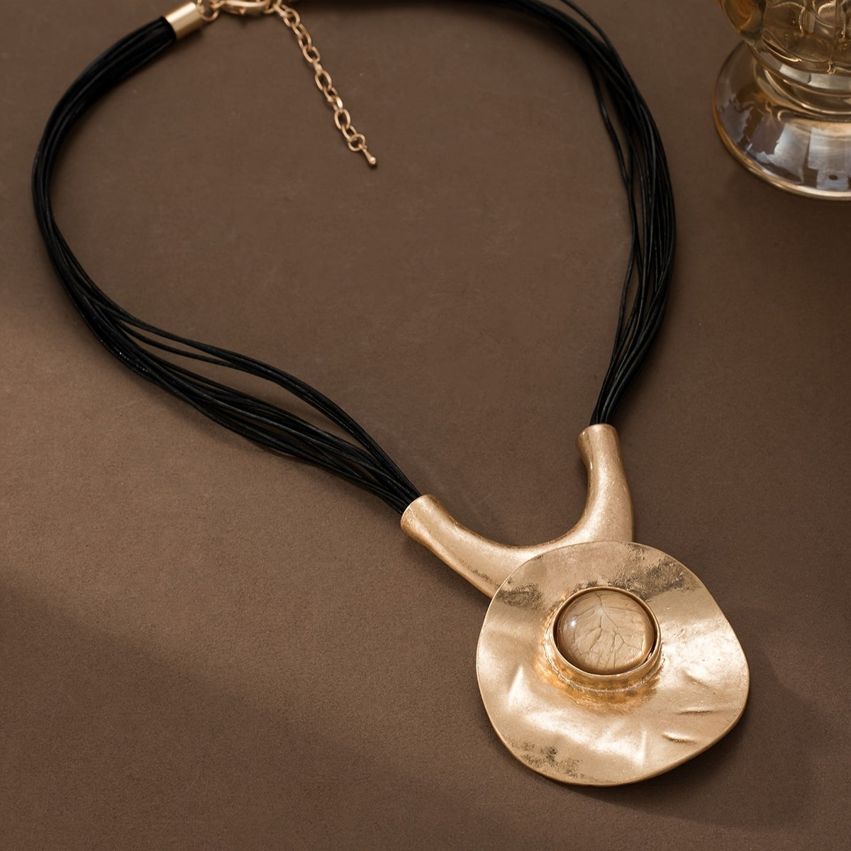 Leaf Inset Hammered Disc Necklace