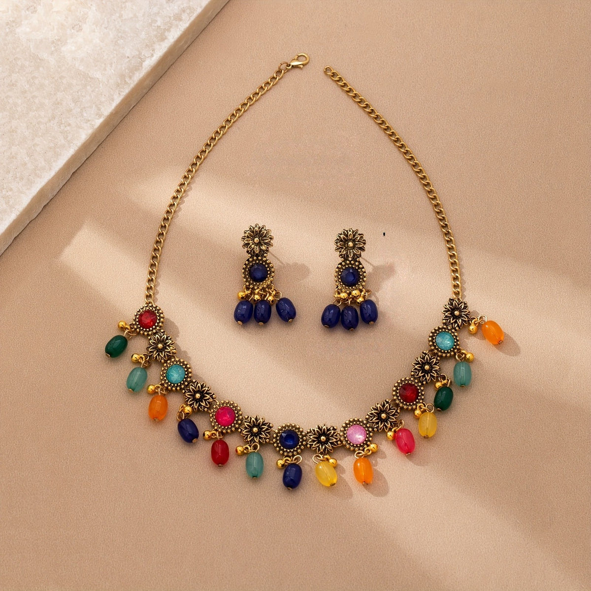 Multicolor Floral Drop Necklace & Earring Set