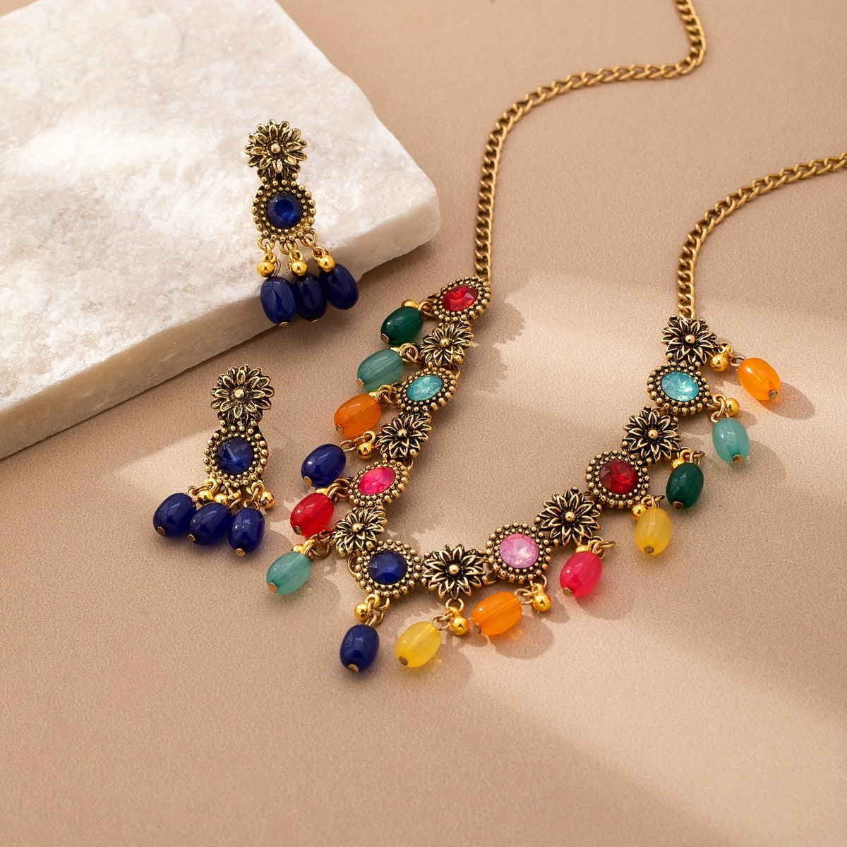 Multicolor Floral Drop Necklace & Earring Set