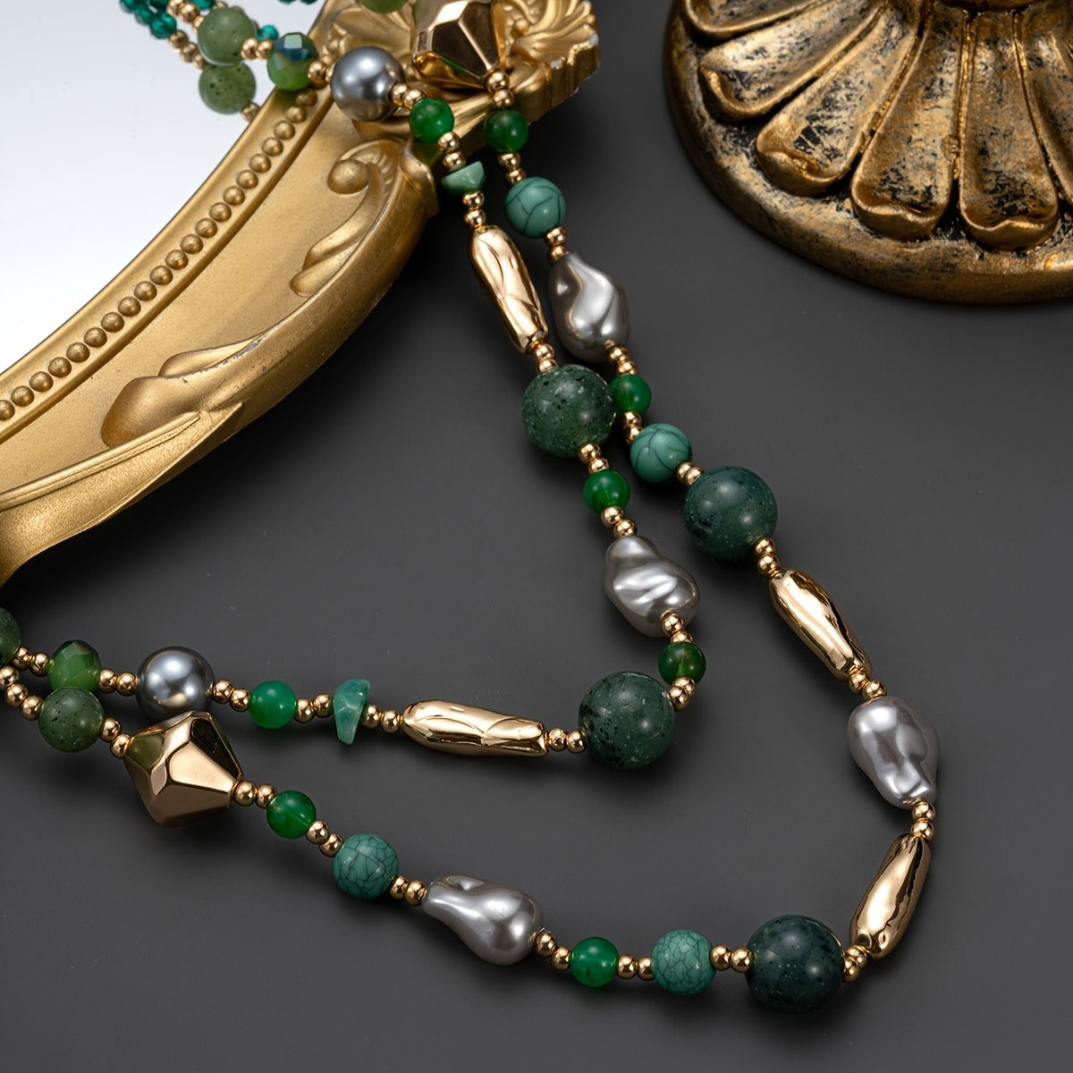 Green Glass & Gray Pearl Layered Necklace