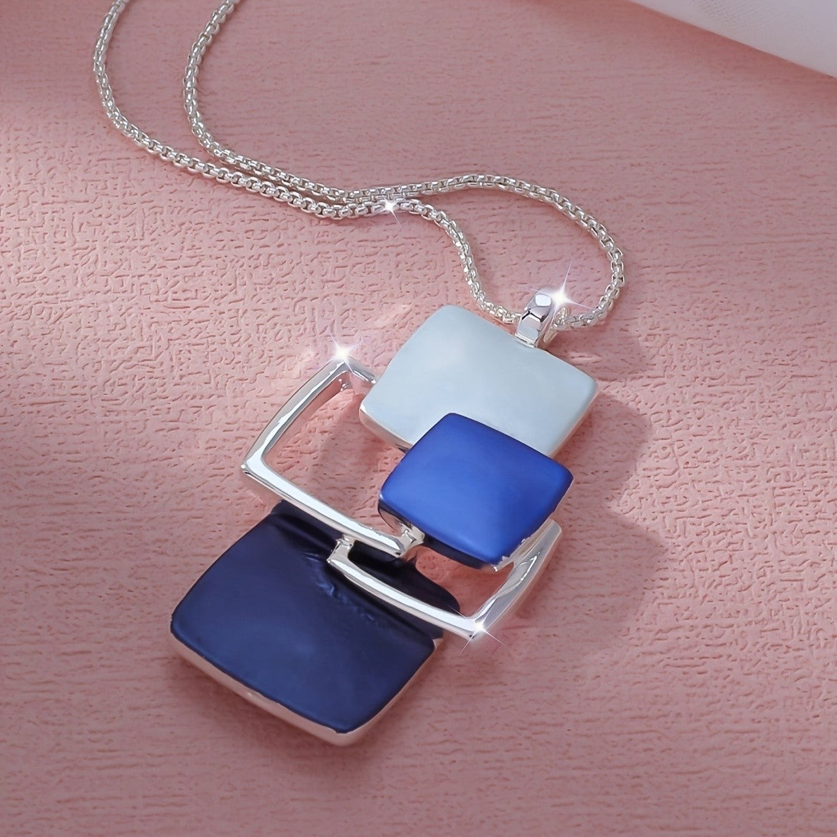 Blue Enamel Square Pendant Necklace