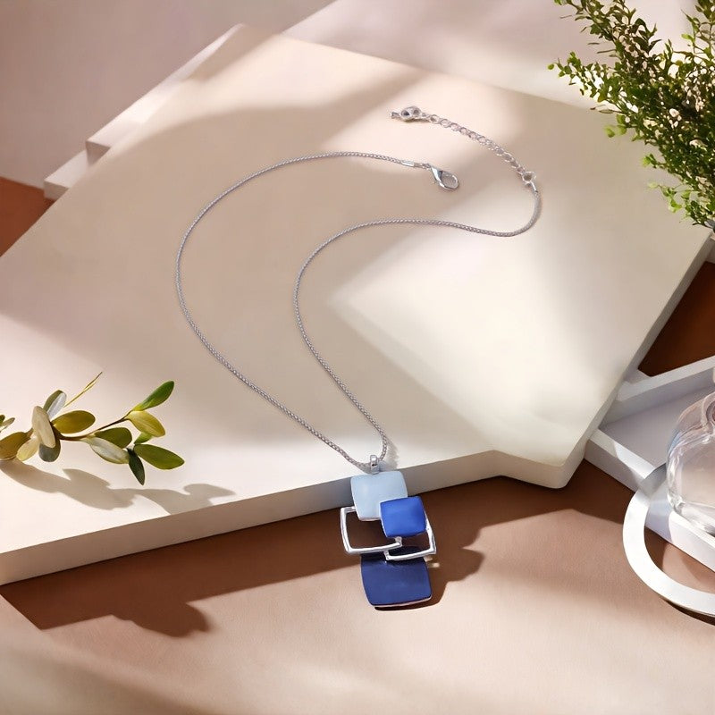 Blue Enamel Square Pendant Necklace