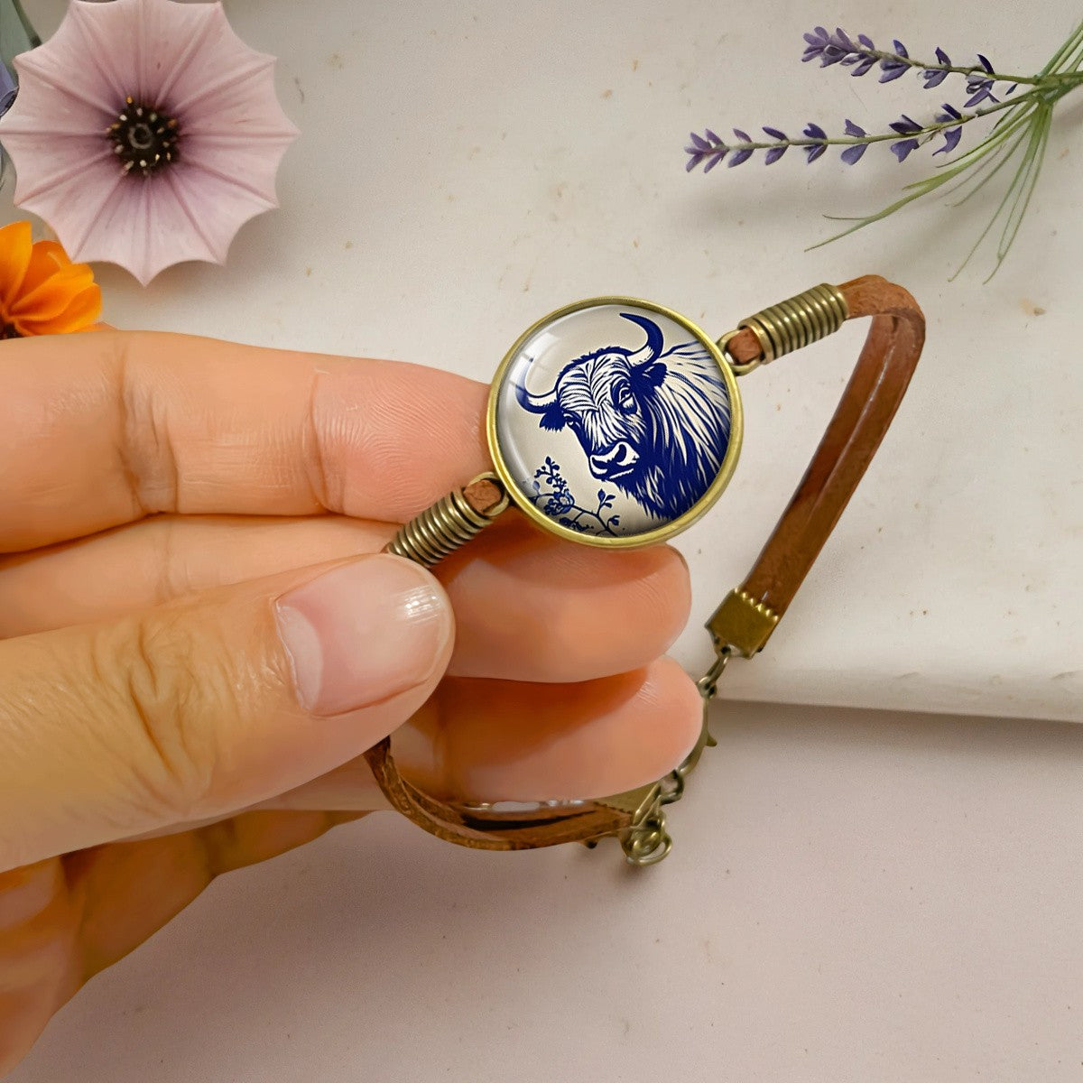 Blue Highland Cow Leather Bracelet